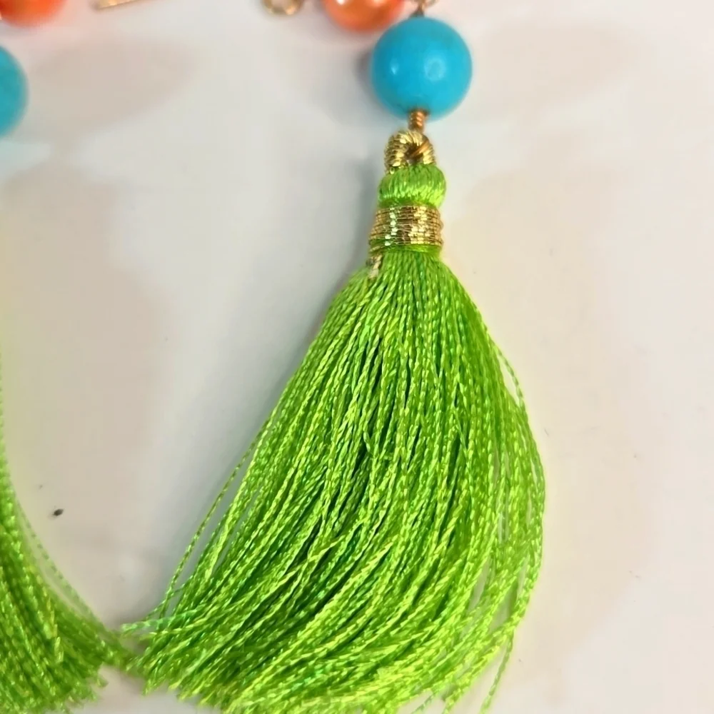NWT icandi Artisan Boho Vibrant Earrings Green Tassel Turquoise Orange Pearl